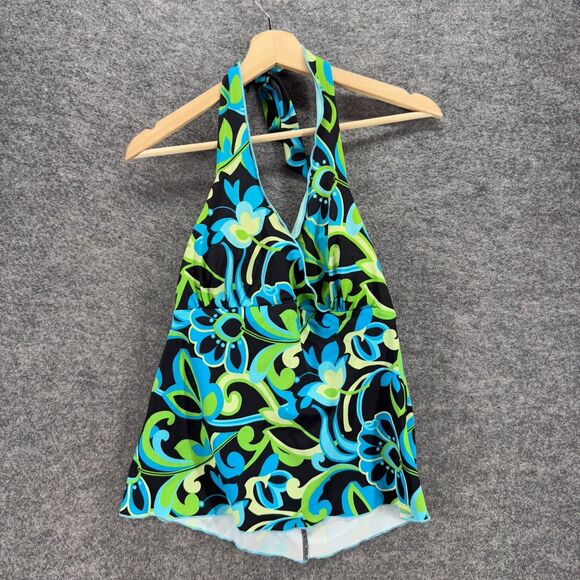 Tropical Escape Tankini Top Women 14 Blue Floral Sleeveless Halter Neck Push Up - Picture 1 of 6